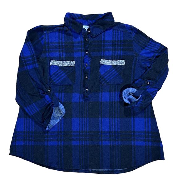 Avenue Plaid Roll Tab Sleeve Blue & Black 14/16 Top - Picture 3 of 7